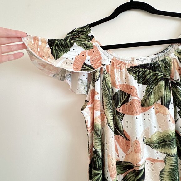 Cute Short Sleeve Leaves Print Eyelet Loose Fit Top - Picture 4 of 5